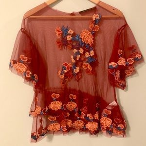 Zara Sheer Floral Embroidered Shirt
